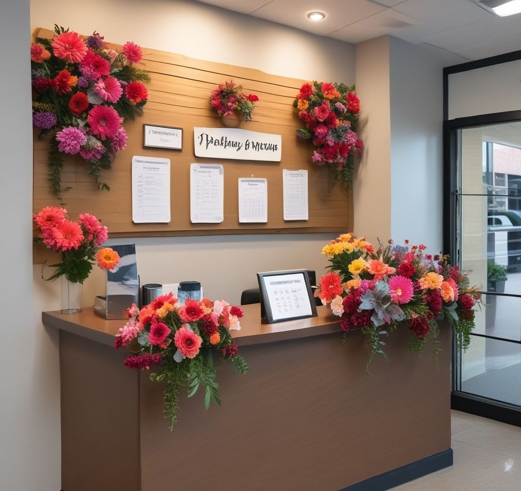A reception desk in a welcoming office, featuring a beautifully designed bulletin board with floral arrangements, welcome messages, and a small calendar. The area is bright and inviting, with a vase of fresh flowers complementing the decor.