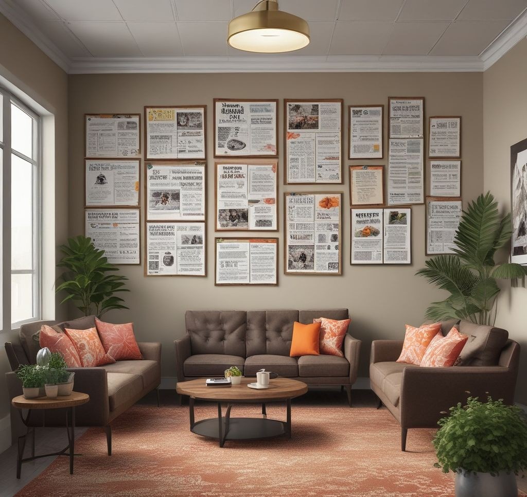 A cozy office break room with a floral bulletin board displaying team announcements, fun office events, and pinned recipe ideas. A coffee station and lounge chairs surround the board, creating a relaxing atmosphere.
