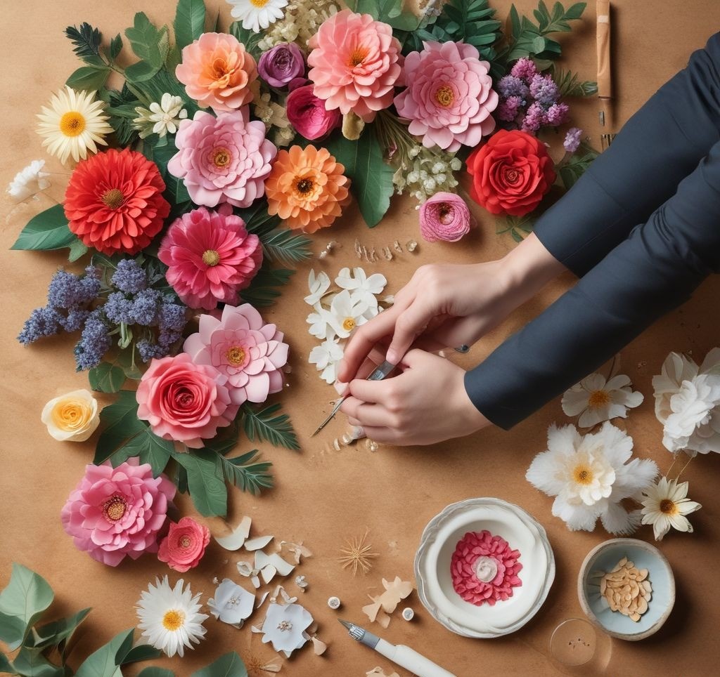 A step-by-step DIY setup showing hands crafting a floral bulletin board. The image captures a person attaching artificial flowers, using a glue gun, and pinning decorative elements onto a cork board. The workspace is neatly arranged with craft supplies in view.
