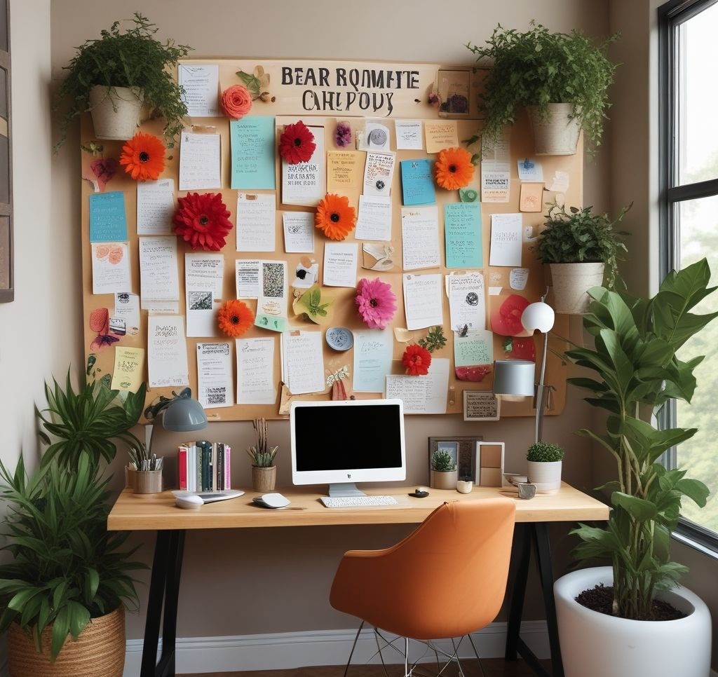 A warm and inviting office space with a fully decorated flower bulletin board as the focal point. The board features a mix of pinned notes, flower cutouts, and inspirational quotes, making the workspace feel vibrant and motivational. The background shows a cozy desk setup with plants, books, and a cup of coffee.