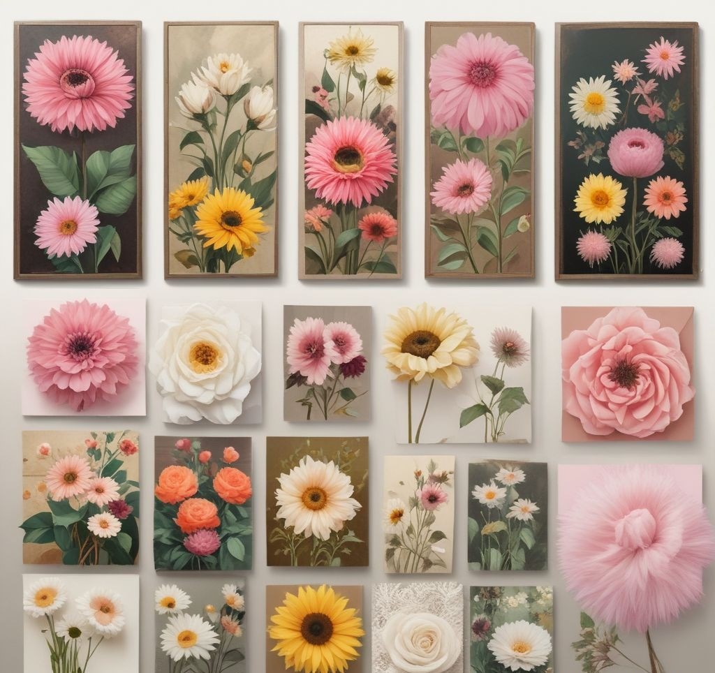 A mood board featuring different flower bulletin board themes. One section showcases a minimalist board with neutral tones and white flowers, another highlights a bright sunflower-themed board, a third features a romantic vintage board with lace and pink roses, and the last displays a boho chic board with pampas grass and earthy tones. The background is soft and blurred, enhancing the aesthetic.