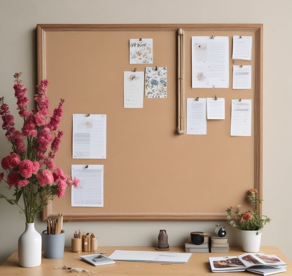 A flat-lay display of four different types of bulletin boards: a classic cork board with floral pins, a fabric-covered board with floral fabric, a magnetic board with flower magnets, and a rustic wooden-framed board with dried flowers. The background is a clean white desk with minimal decor, showcasing each board's unique style.