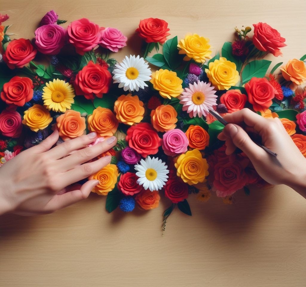 A close-up shot of hands delicately arranging artificial flowers on the edges of a bulletin board. The flowers include roses, daisies, and sunflowers, carefully placed to create a balanced and stylish design. The glue gun is visible in the background, emphasizing the DIY process. The image has a bright and cheerful atmosphere with natural lighting.