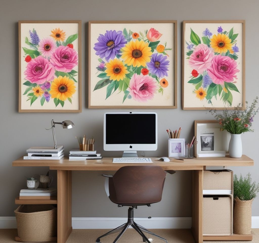 A split-screen image showcasing four different floral-themed office bulletin boards: one with neutral white and green minimalist floral accents, another with bright and cheerful sunflowers and tulips, a soft pastel pink and lavender rose-themed board, and a rustic board with dried wildflowers and burlap fabric. Each board is styled in a modern home office setting.