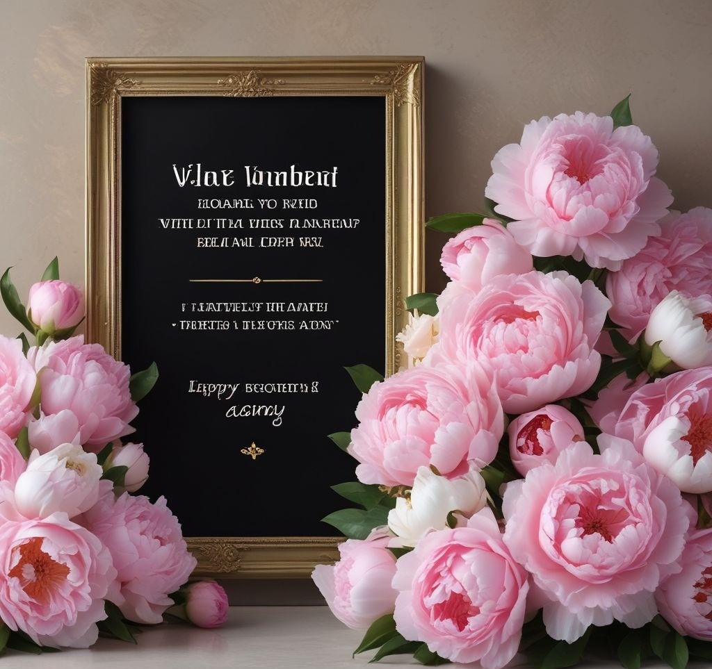 A close-up of a bulletin board with an elegant floral border made of artificial pink and white peonies, delicately arranged around the edges. The board itself has neatly pinned notes, reminders, and a motivational quote framed in gold.