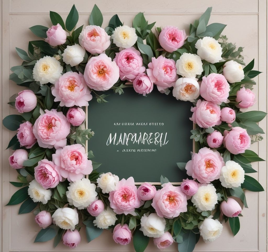 A modern flower bulletin board with clusters of colorful flowers in two opposite corners. The flowers are a mix of soft pink peonies, white roses, and green eucalyptus leaves, beautifully arranged to create an elegant and feminine touch. The board is pinned with aesthetic quotes and photos, giving it a personalized feel.