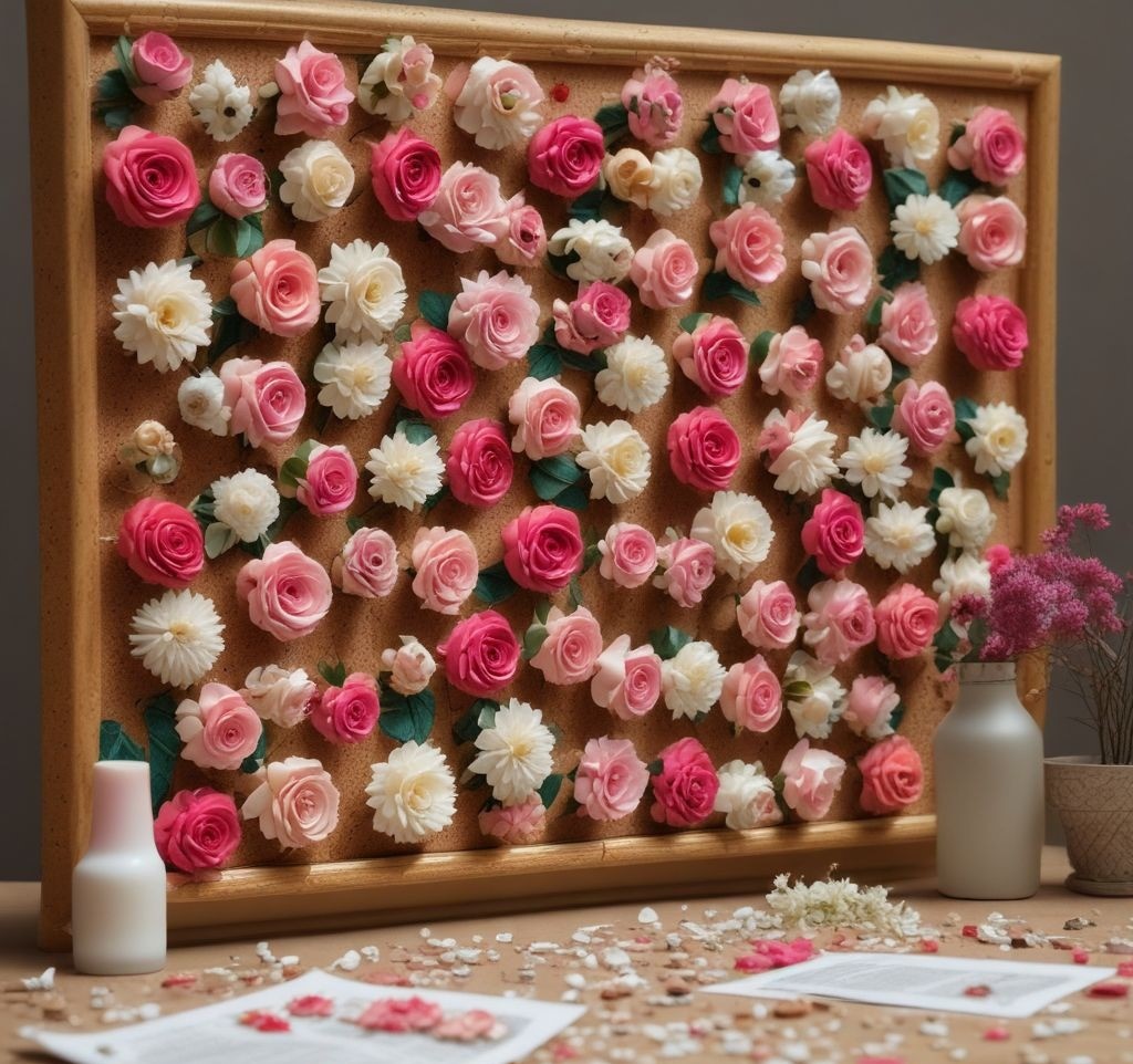 A close-up shot of a cork bulletin board with custom floral push pins. Each pin has a tiny silk flower attached, ranging from roses to daisies, with pinned aesthetic notes and photos. The background is softly blurred with a workspace in view.