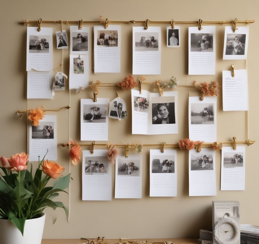 A close-up of a decorated flower bulletin board featuring cute gold push pins, aesthetic notes, hanging twine with mini clothespins holding polaroid pictures, and a small pinned calendar. The flowers frame the board elegantly, and the overall theme is soft, warm, and inviting, ideal for an inspiring workspace.