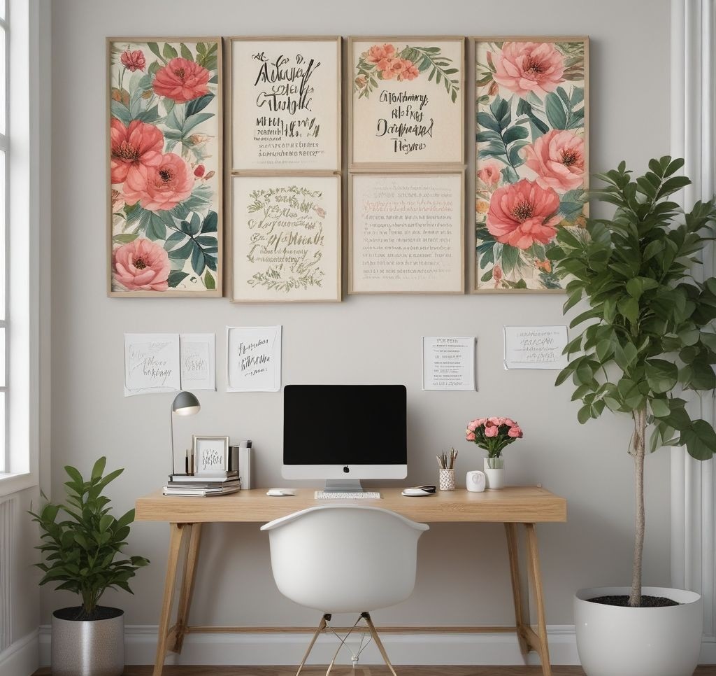 A stylish office space featuring a bulletin board decorated with floral-themed motivational quotes in elegant calligraphy. The board also has small framed prints of botanical illustrations, creating an artsy and inspirational workspace.