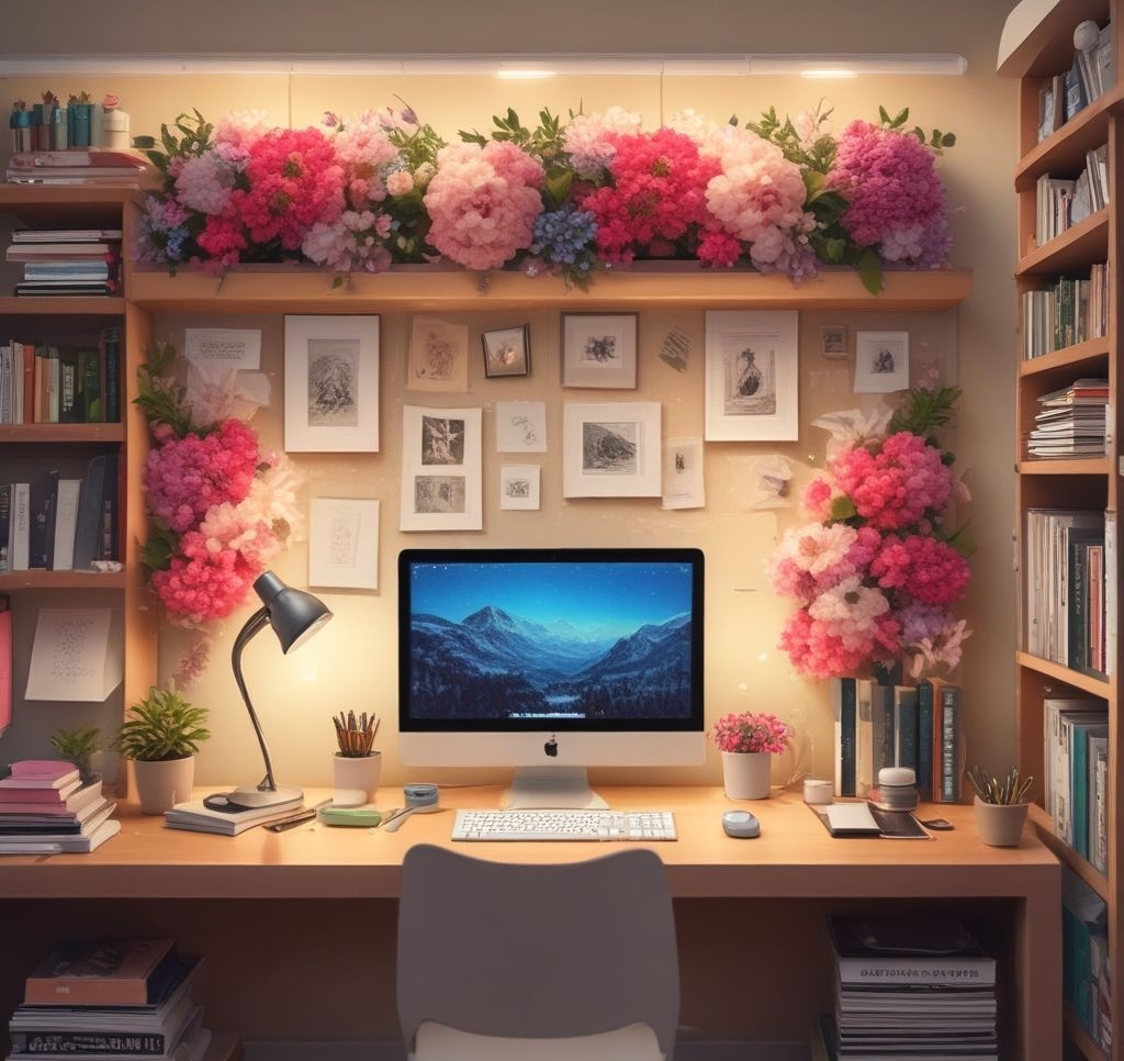 A cozy and beautifully decorated home office featuring a floral bulletin board above a wooden desk. The board is adorned with pastel-colored flowers, pinned notes, and small fairy lights wrapped around it. The desk has a stylish lamp, a coffee mug, and a notebook, creating an inviting and productive space. The background features a softly blurred bookshelf, adding depth to the image.