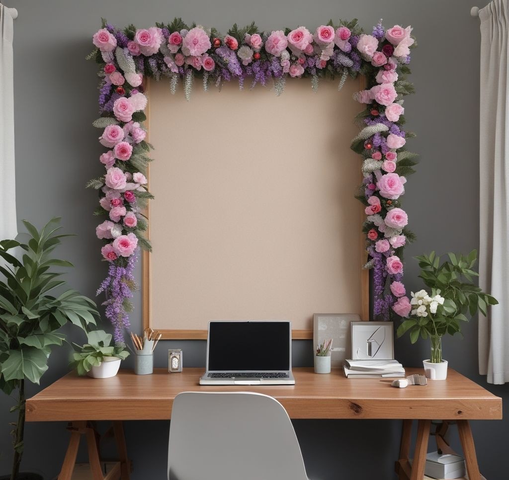 A handcrafted DIY flower garland draped across a minimalist bulletin board in a home office. The garland is made of delicate artificial lavender, small roses, and eucalyptus leaves, complementing the neutral decor of the room.