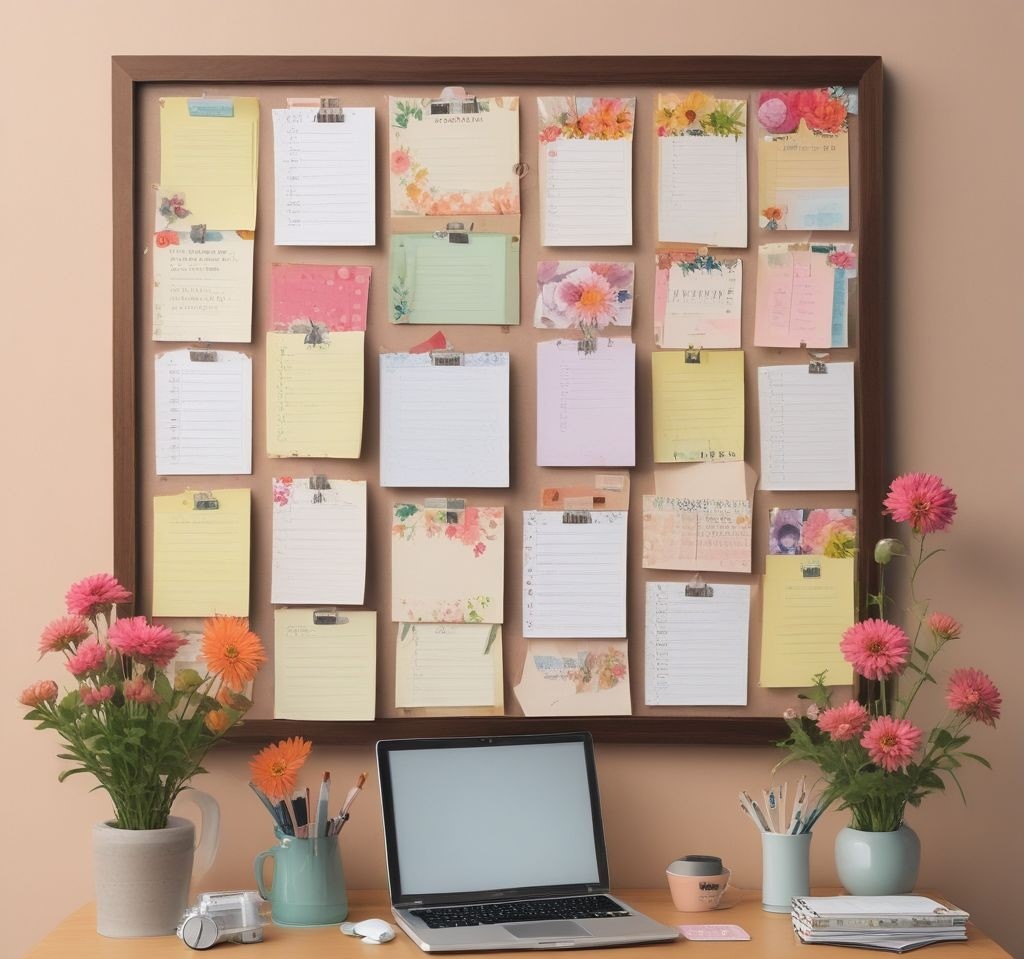 A perfectly organized floral-themed bulletin board with labeled sections: a to-do list with pastel sticky notes, a weekly planner pinned in the center, and an inspiration section with floral cutouts and mini Polaroid photos. The board sits above a clean desk with a laptop and a vase of fresh flowers.