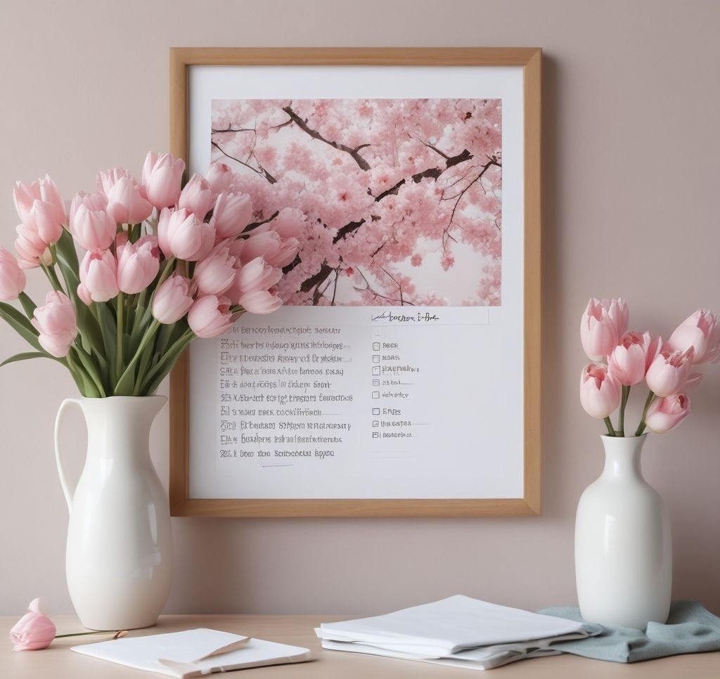 A soft pink and pastel-themed bulletin board decorated with cherry blossom prints, delicate floral accents, and pinned spring to-do lists. A vase with fresh tulips sits nearby, enhancing the seasonal aesthetic.