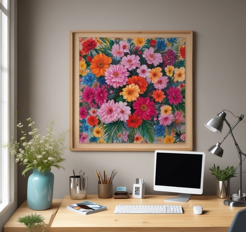 A beautifully arranged flat lay of DIY crafting materials on a wooden table, featuring a cork bulletin board, artificial flowers in soft pastel colors, a hot glue gun, floral wire, scissors, push pins, decorative ribbon, and aesthetic printable quotes. The lighting is warm and inviting, creating a cozy and inspiring DIY workspace.