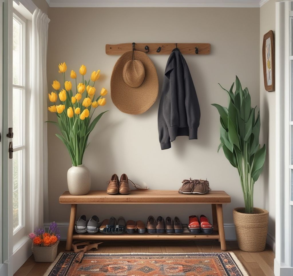 A cozy entryway with neatly arranged shoes on a wooden rack, a cheerful floral doormat, a small bench, and a vase of fresh tulips on a side table, illuminated by natural light.