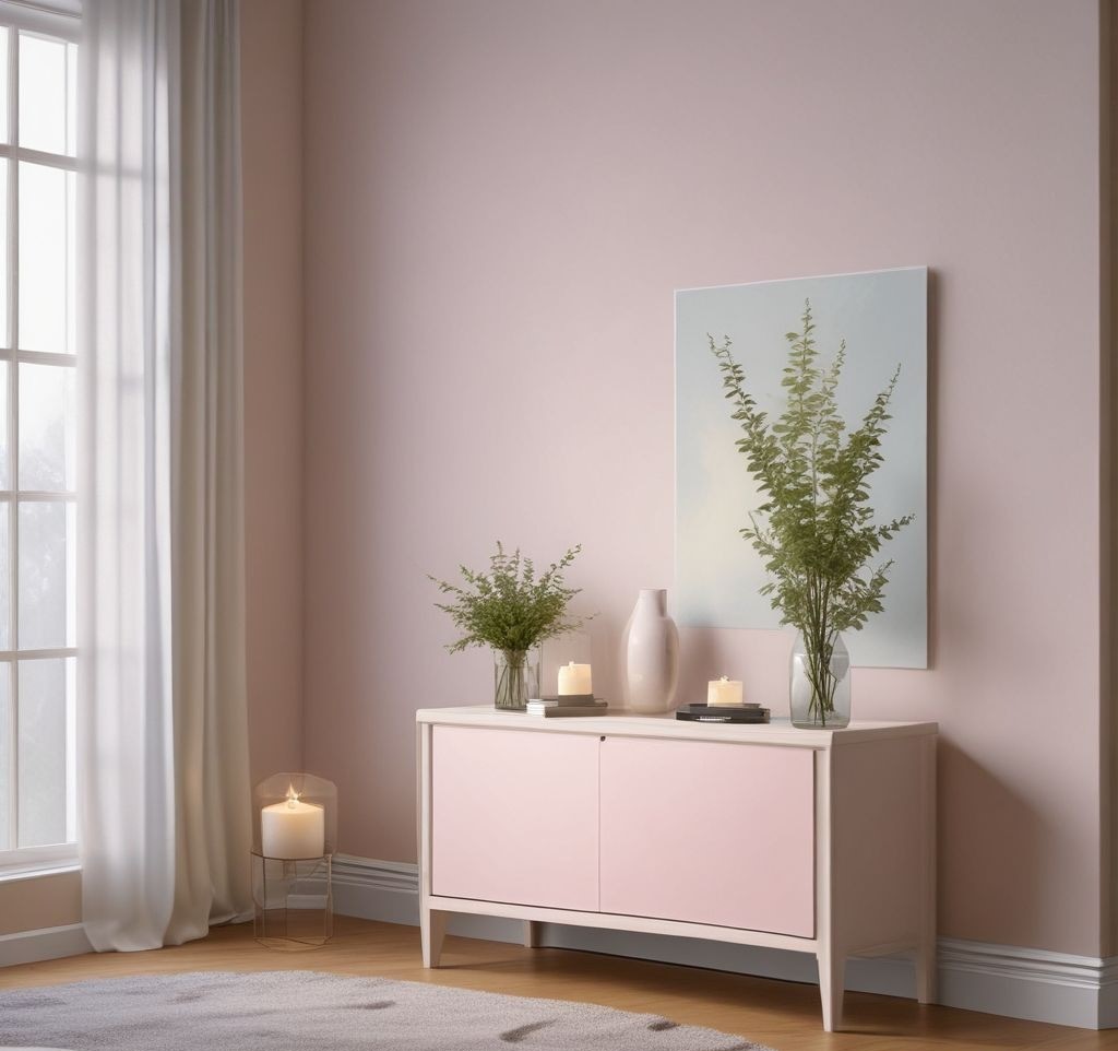 A serene living space with a diffuser emitting a soft mist, a lit candle on a side table, a freshly painted wall in pastel shades, and an inviting ambiance.