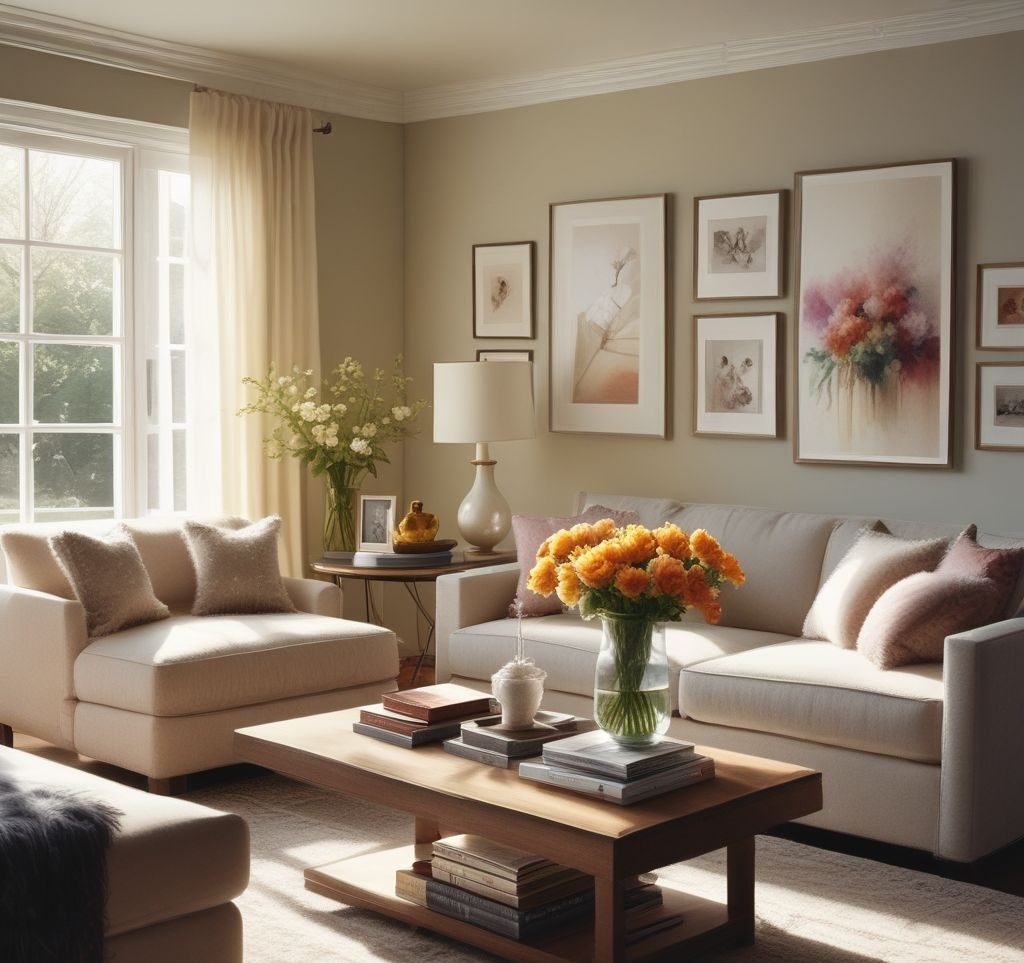 A bright and airy living room with fluffy throw pillows, freshly cleaned rugs, a sleek coffee table decorated with a vase of flowers, and sunlight streaming through sheer curtains.