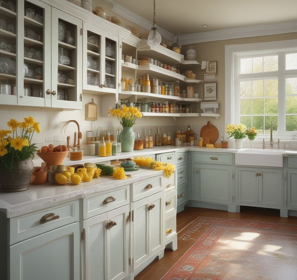 A spotless kitchen with sparkling countertops, a well-organized pantry with labeled jars, gleaming appliances, and a bouquet of daffodils on the kitchen island.