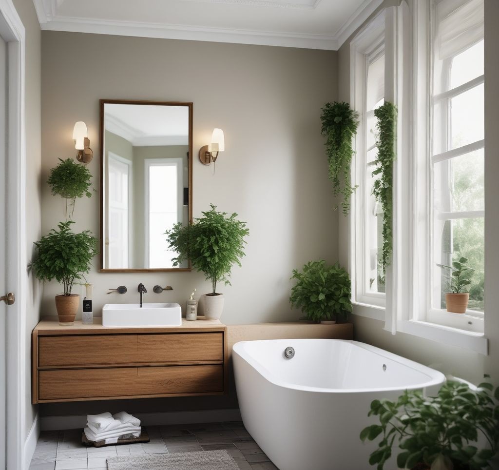 A pristine bathroom featuring a freshly scrubbed bathtub, folded white towels, a clean mirror, and a touch of greenery with small potted plants on the vanity.