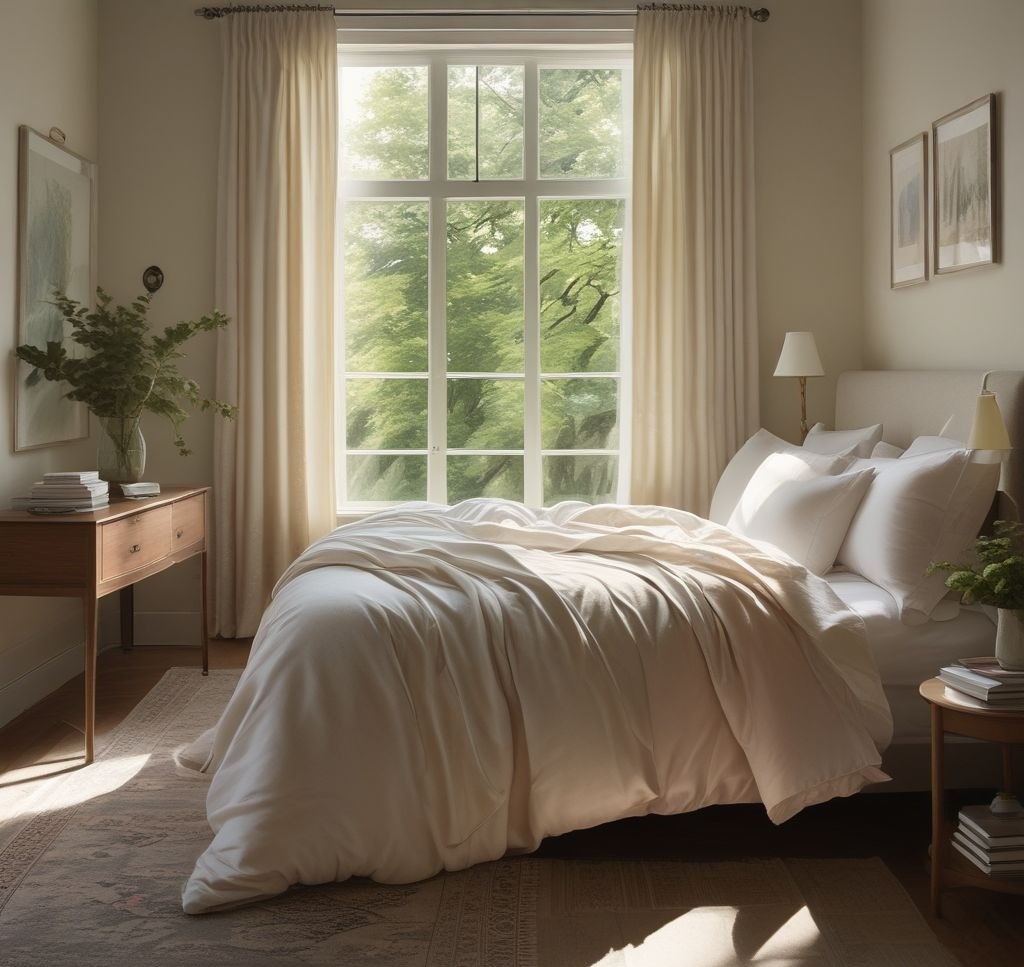 A tranquil bedroom with freshly laundered bedding, a neatly made bed with pastel-colored throw pillows, organized bedside tables, and sunlight streaming through sheer curtains.
