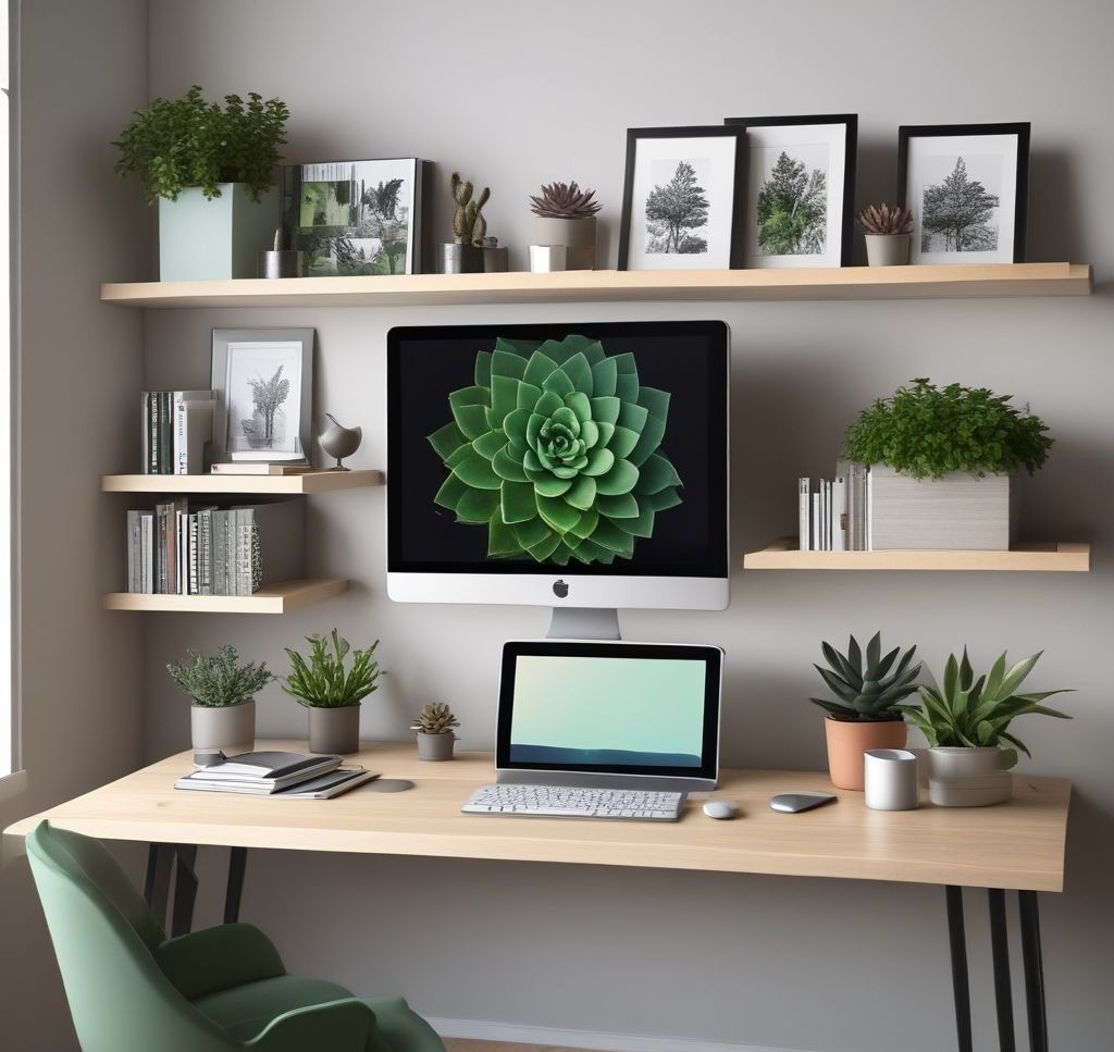 A modern home office with an organized desk, a clean computer screen, neatly stacked books, a minimalist bookshelf, and a small succulent adding a pop of green.