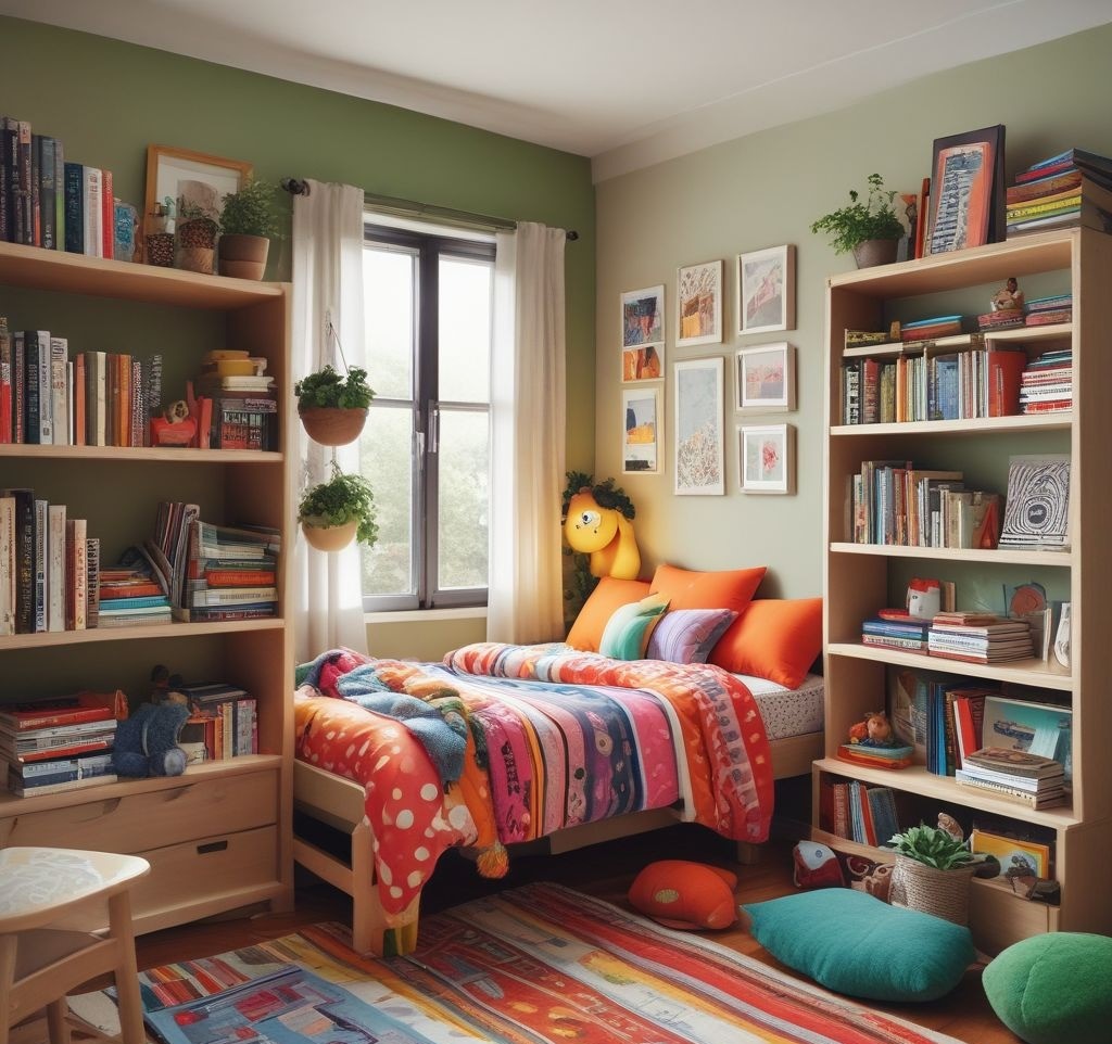 A colorful kids’ room with neatly arranged toys in labeled bins, a clean playmat, a tidy bookshelf with vibrant books, and a freshly made bed with playful bedding.