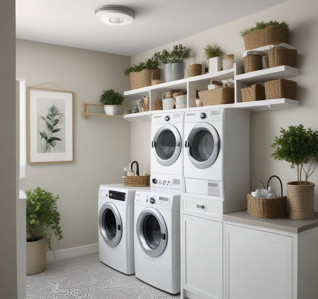 A well-organized laundry room with clean countertops, detergents arranged in baskets, a tidy lint trap, and a functional yet stylish design featuring greenery and wall art.