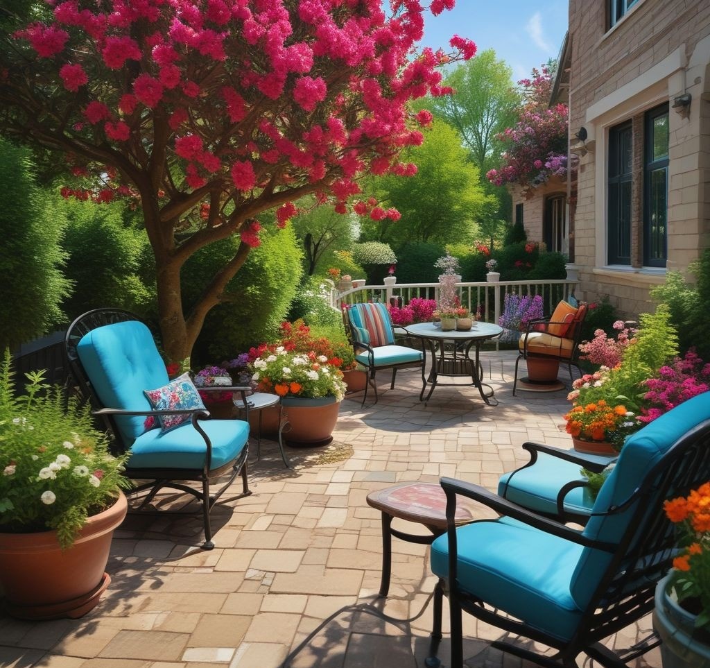 A vibrant outdoor patio with freshly cleaned furniture, colorful cushions, potted flowers, and a sparkling clean pathway surrounded by lush greenery and spring blooms.