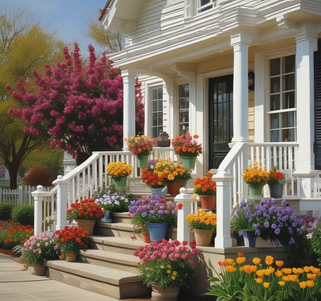 A bright spring porch decorated with colorful potted flowers, including tulips and pansies, placed on the steps and railings, against a backdrop of a charming white house with natural light pouring in.