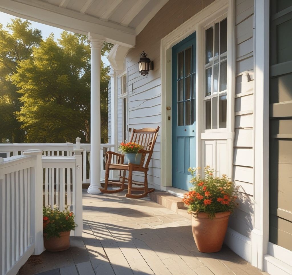 Professional photography of a freshly cleaned small porch, morning sunlight, crisp white-painted floor, gleaming wooden door, no cobwebs, immaculate surfaces