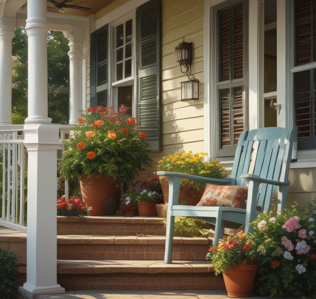 Professional styling of porch corner showing seasonal transition, spring elements in foreground