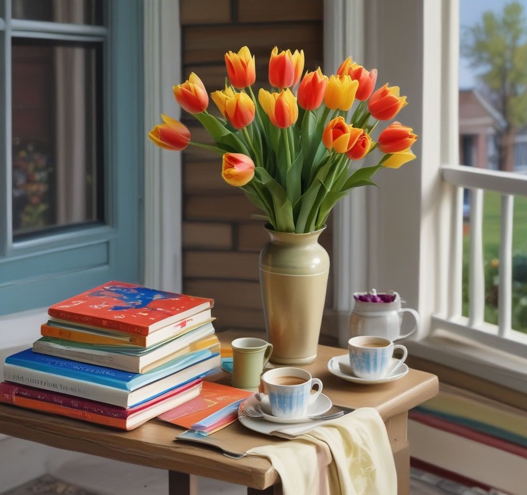A small outdoor table styled with a vase of fresh tulips, a cup of coffee, and a stack of spring-themed books, set against the backdrop of a colorful, decorated porch.