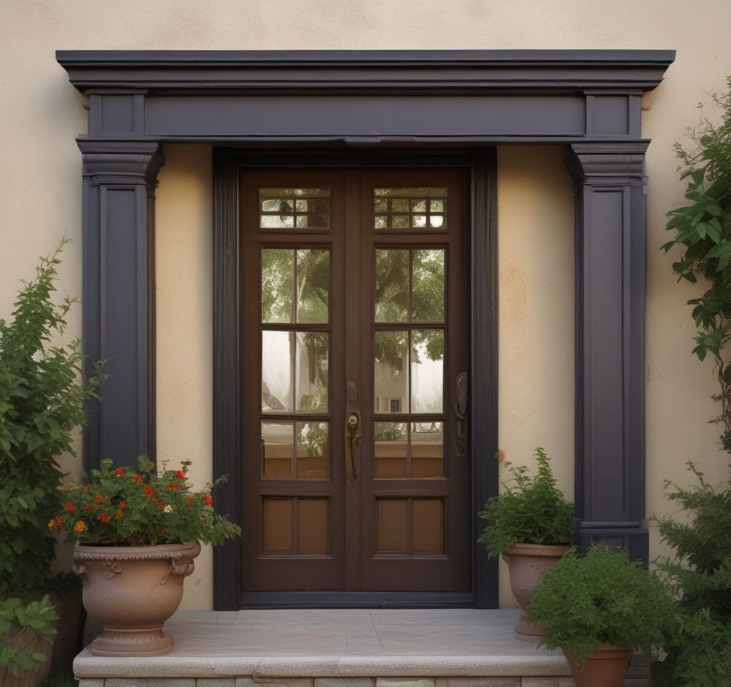 Architectural photography of small porch with rustic-framed mirror, creating depth illusion, soft natural reflections