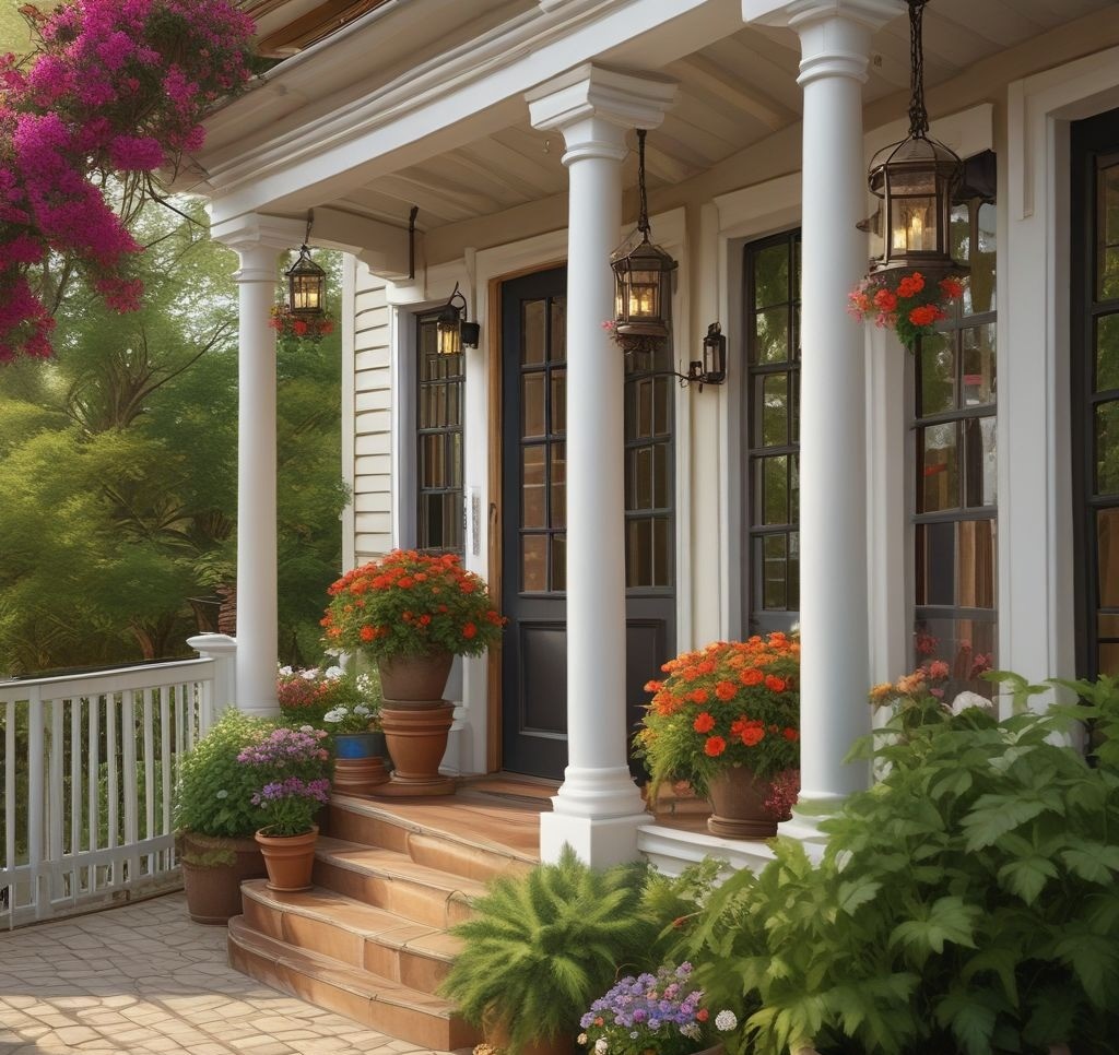 A cozy porch with delicate wind chimes hanging near the entrance, gently swaying in the breeze, surrounded by potted plants and spring décor.