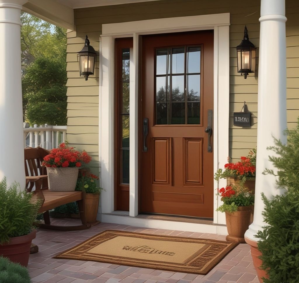 Lifestyle photography of porch entrance with personalized welcome mat, subtle personal details, warm inviting atmosphere