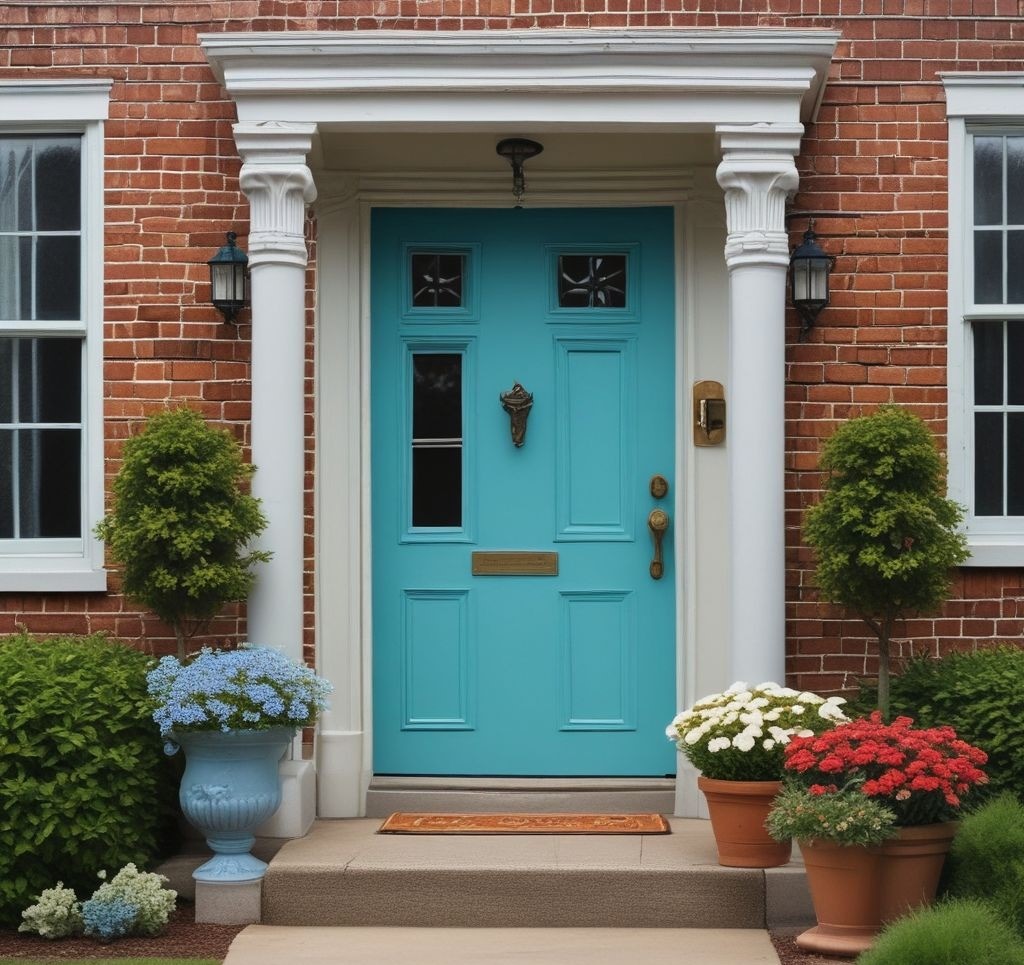 A vibrant front door painted robin’s egg blue, flanked by matching potted plants and a cheerful doormat, with a welcoming springtime vibe.