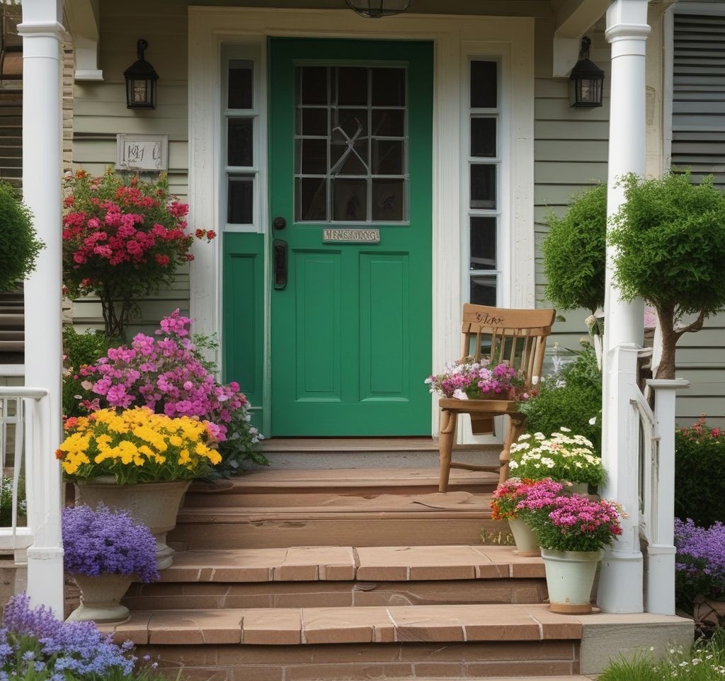 A spring porch adorned with a faux birds’ nest, bunny figurines, and a painted wooden sign saying 'Hello Spring,' surrounded by fresh blooms and greenery.