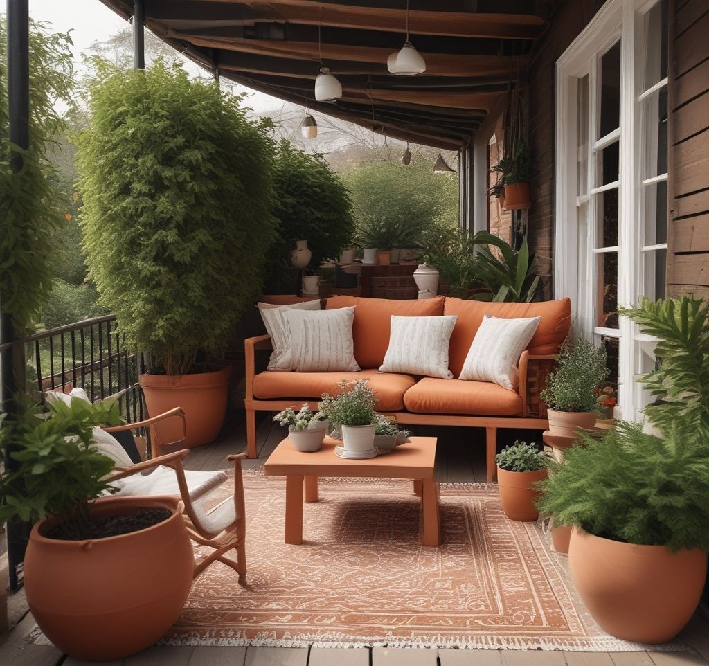 A minimalist porch setup with hardy plants in terracotta pots, washable cushions, and a simple rug, designed to be easy to maintain while still looking stylish for spring.
