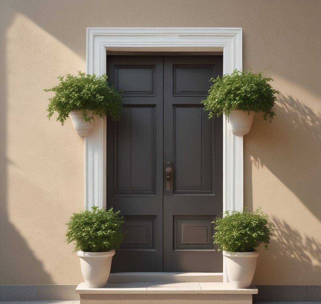 Architectural photography of a narrow porch wall with elegant wall-mounted planters, varying heights of greenery, soft neutral background, natural light casting subtle shadows