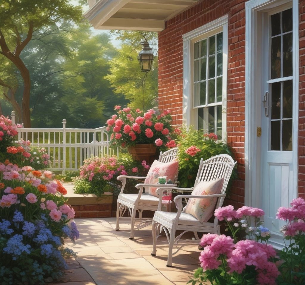 An inviting porch setup with a wicker chair and a bench, both adorned with pastel cushions and a light throw blanket, surrounded by blooming flowers, perfect for a spring afternoon.