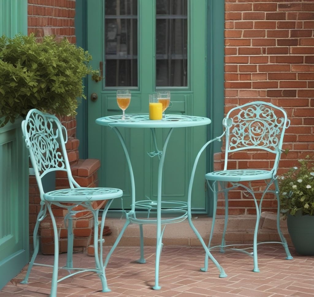 Magazine-quality lifestyle image of compact bistro set in soft mint green, wrought iron design, small porch with brick wall background, spring morning light