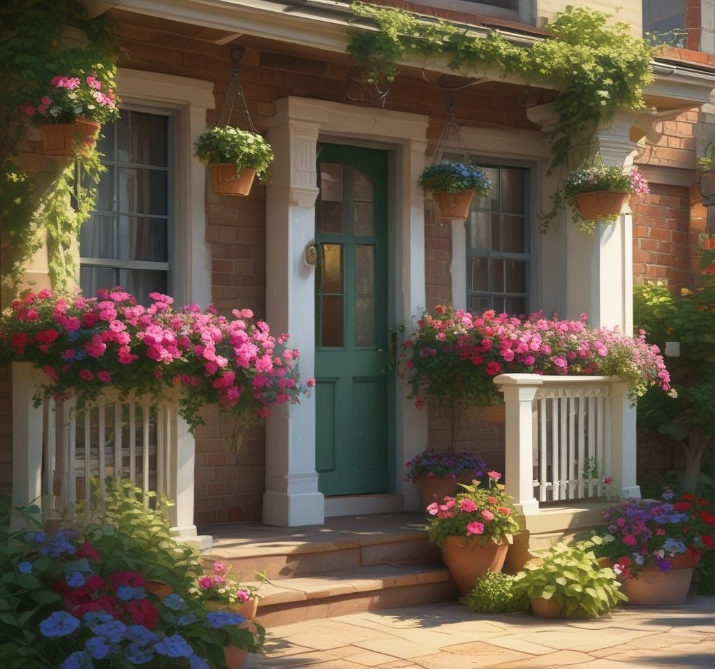 A small porch featuring hanging planters filled with trailing ivy and vibrant petunias, with sunlight filtering through the greenery, creating a serene and lively space.