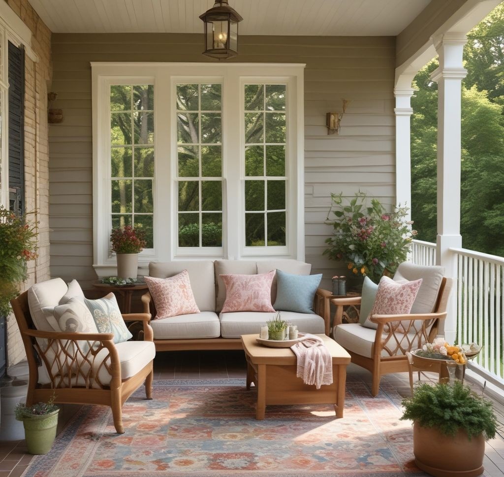 Professional interior styling of porch with pastel outdoor rug, soft throw pillows in floral patterns, woven textures, warm natural lighting