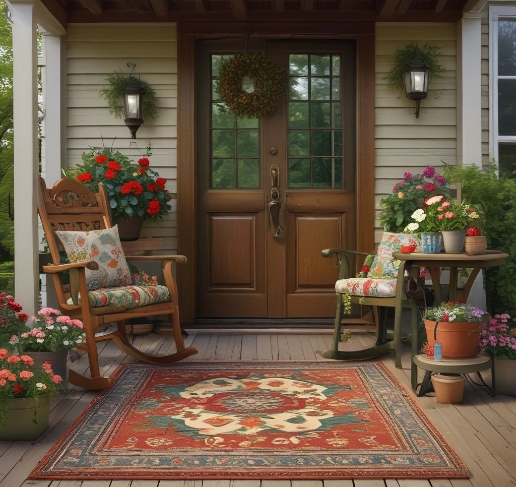 A spring-themed rug with floral patterns placed on a wooden porch floor, with a rustic table and chair setup, surrounded by seasonal decorations and fresh greenery.