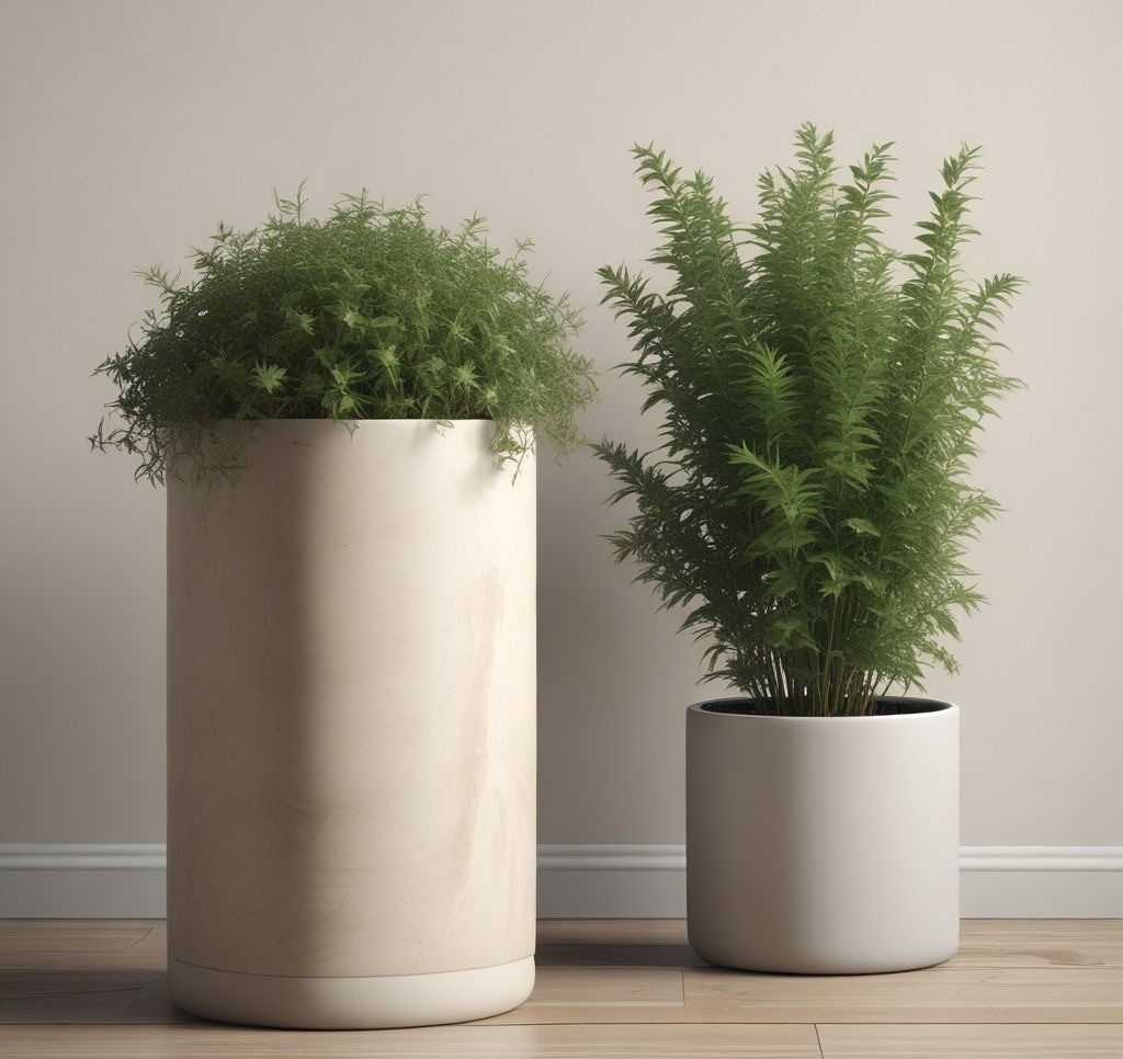 High-end design photography of storage stool doubling as seating, potted herbs nearby, clean minimalist styling, soft diffused light