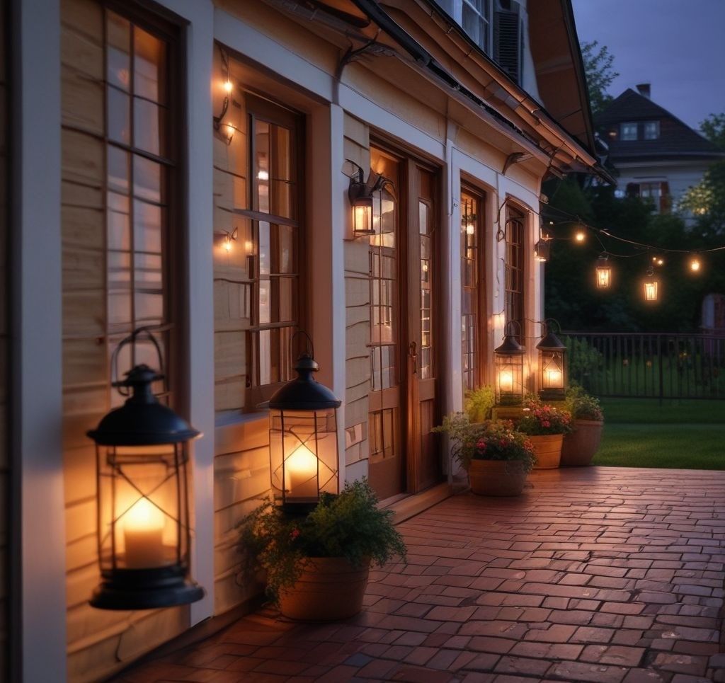 A dreamy porch lit up with vintage lanterns placed at the corners and string lights elegantly draped along the railings, creating a warm and inviting evening ambiance.