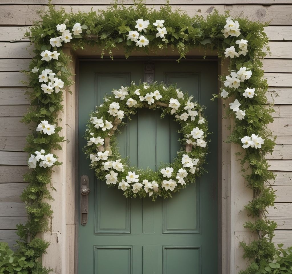 Professional architectural photography of front door with oversized spring wreath, soft green and white florals, weathered wood background
