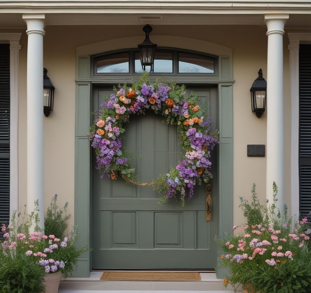 A vibrant spring wreath made of eucalyptus, lavender, and pastel flowers hanging on a freshly painted front door, with matching potted plants on either side.