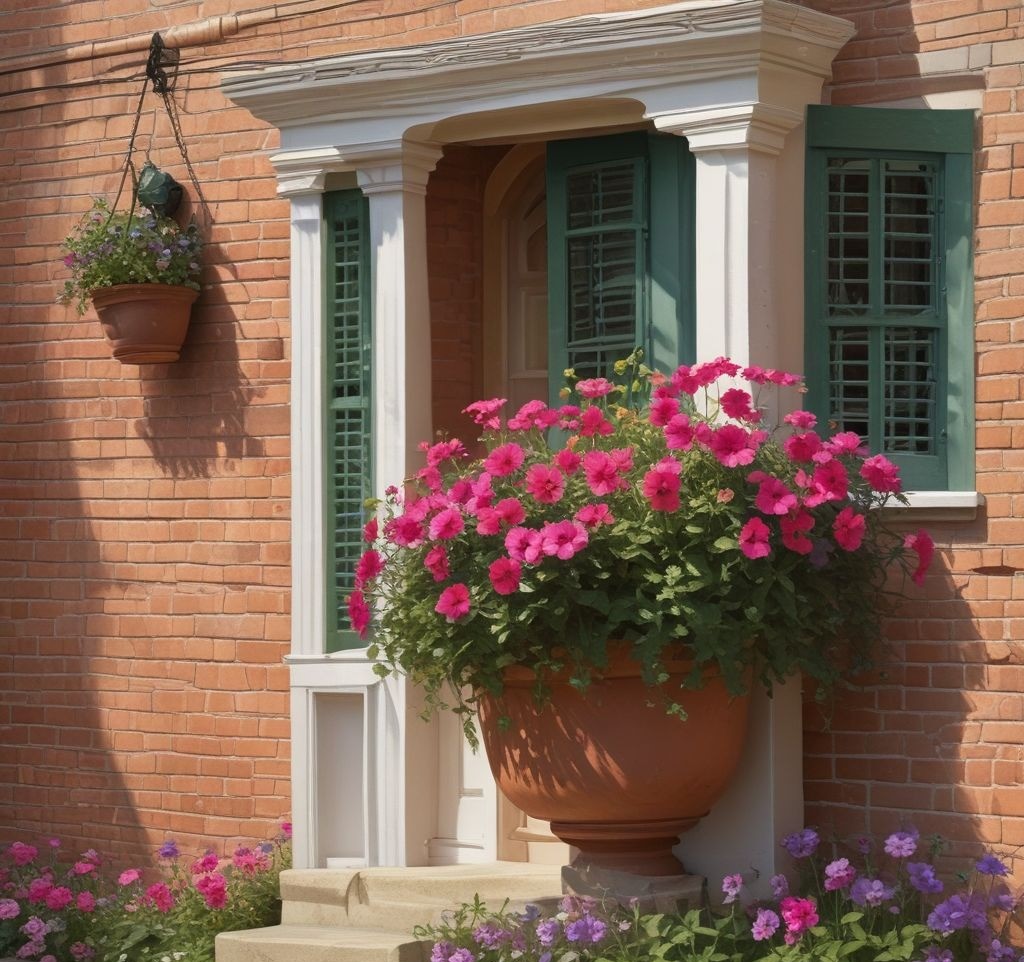 Botanical photography of small porch corner with hanging basket of bright petunias, terracotta pot details, soft morning light