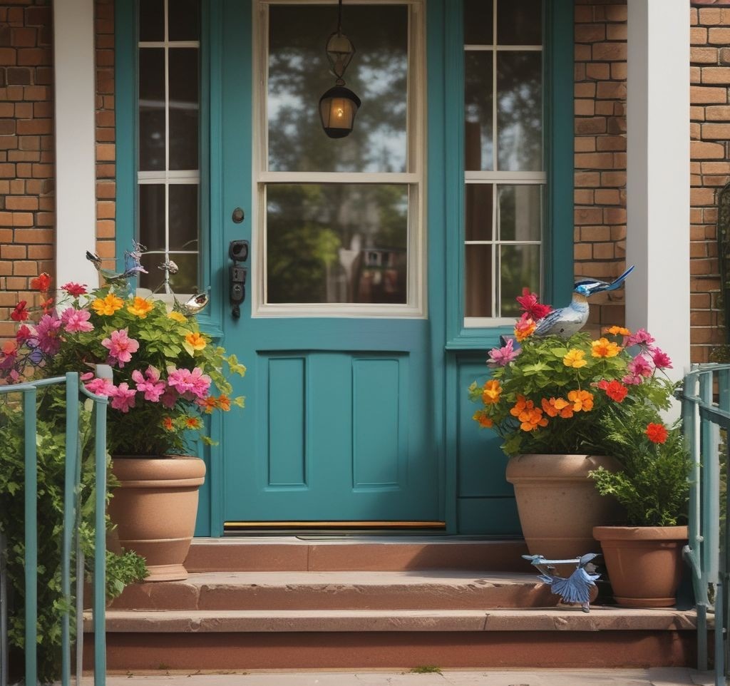 A charming porch with small ceramic bird sculptures and metal butterflies placed next to potted plants, creating a playful and whimsical spring vibe.